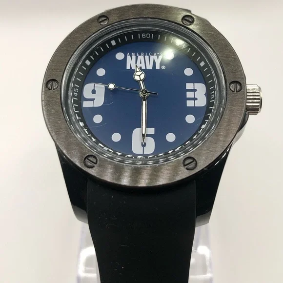 America’s Navy Men's Watch Black Band Navy Blue Face New Battery Clean - Picture 2 of 9